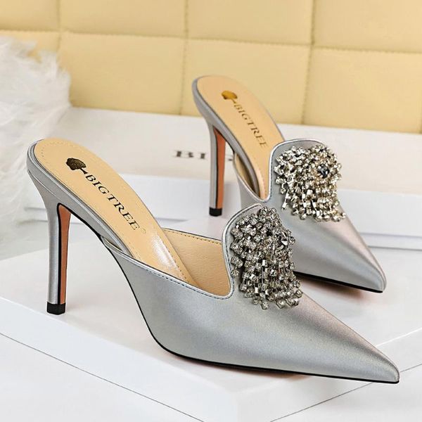

slippers 2021 luxury women 10.5cm high heels slides lady rhinestone party mules gold silver crystal fashion shoes, Black
