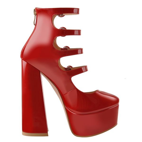 

sandals women's platform round toe chunky square heels ankle wrap sandals red and nude party buckle strap shoes, Black