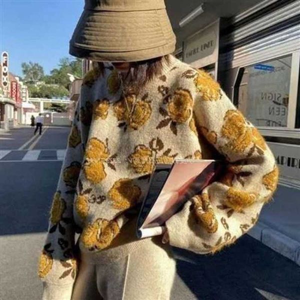

pull femme autumn winter sueters mujer lazy retro oversize knit round neck jacquard flower sweater women pullovers jumpers 210610, White;black