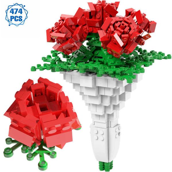 Creator Ideen Rose Blumen Bouquet Bausteine Moc Romantische STEM Kit Bau Freunde Ziegel Spielzeug für Mädchen Kinder Geschenke Q0823