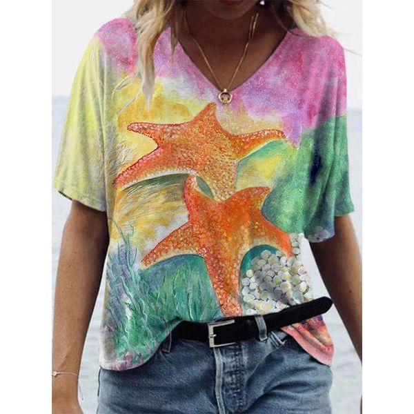 

women's 3d starfish printed polyester t-shirt oversized loose short sleeve v-neck t-shirt casual streetwear summer basic t-shirt 5xl, White