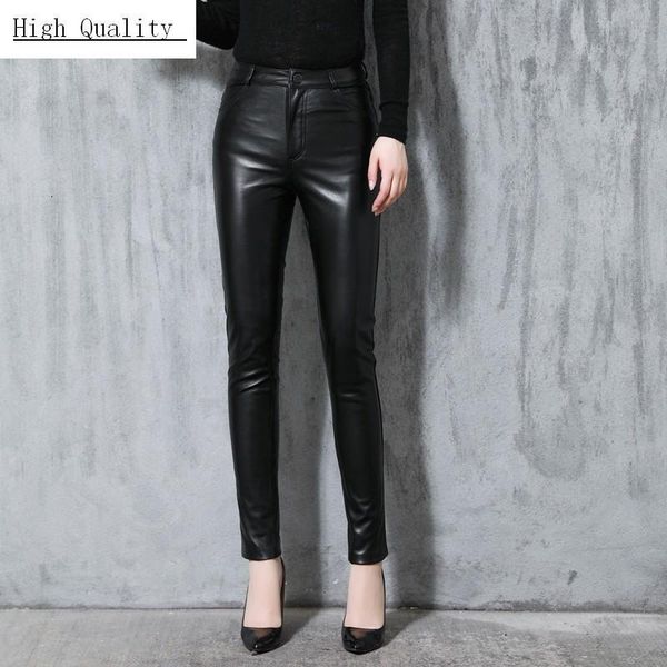 

women's pants & capris office ladies high waist genuine leather women trousers elegant slim fit full length real plus size 4xl, Black;white