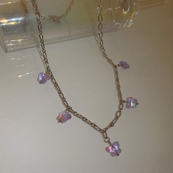 

chains 2021 kpoprendy vintage purple crystal butterfly pendant clavicle chain necklace for women girls aesthetic jewelry, Silver