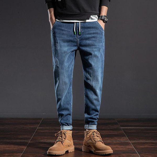 

men's jeans spring pencil pants trend elasticity blue black casual drawstring men denim trousers