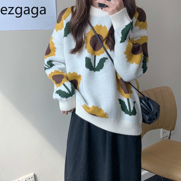 

ezgaga vintage sweater women japanese style autumn winter o-neck long sleeve sunflower knit ladies pullover jumper fashion 210430, White;black