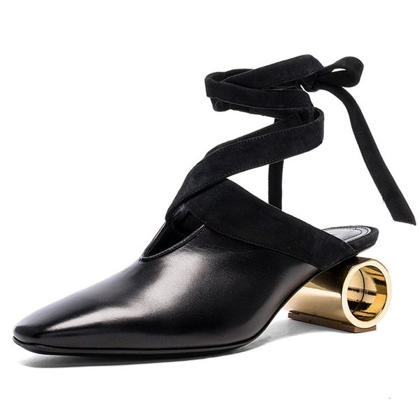 

shoe gold cylinder fashion designer rome leap dressed women square circle high cross-strapped slingback heel bombs weird, Black