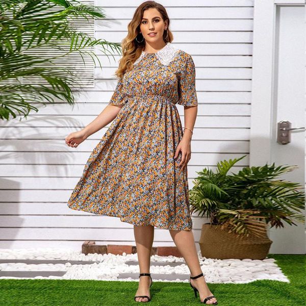 

casual dresses plus size floral dress women 2021 fashion lace o neck short sleeve flower print high waist maxi long, Black;gray