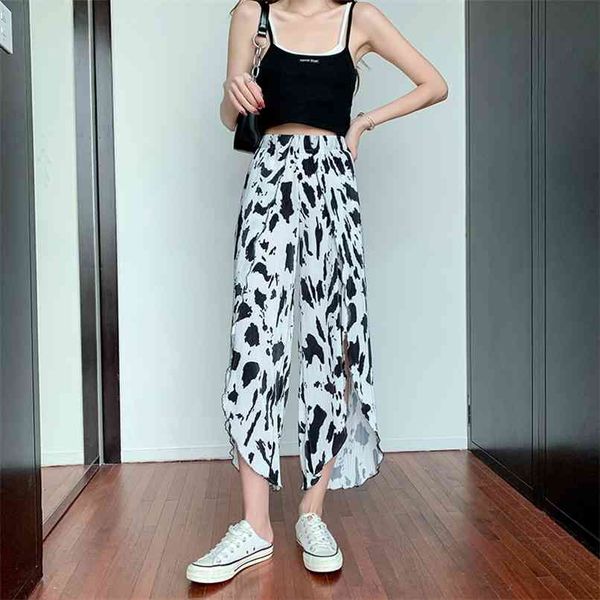 

summer chic side split wide leg pants tie-dye pleated women's holiday elastic waist loose casual trouser 210601, Black;white