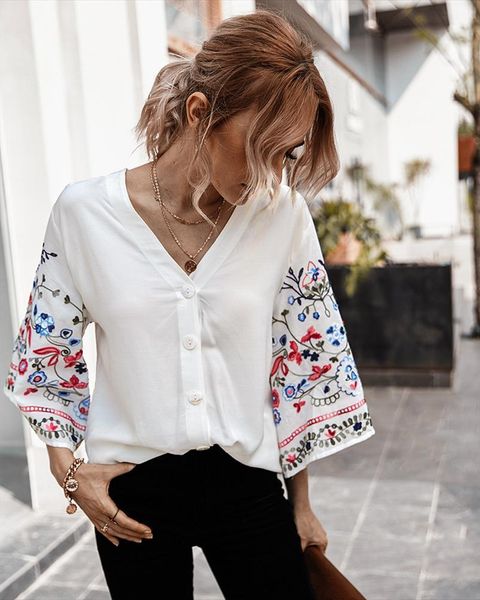 

white nine quarter sleeve women blouses embroidery button fashion v neck korean style mujer