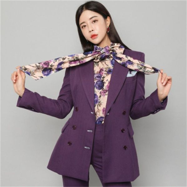 

women's suits & blazers fashion suit female temperament purple double-breasted workplace blazer + waist slim pants set women, White;black
