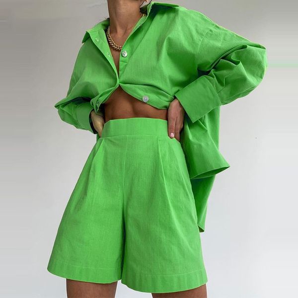 

women's tracksuits agasalho feminino verde casual loungewear duas peÃ§as conjunto botÃµes camisa longa cintura alta shorts ternos roupa f, Gray