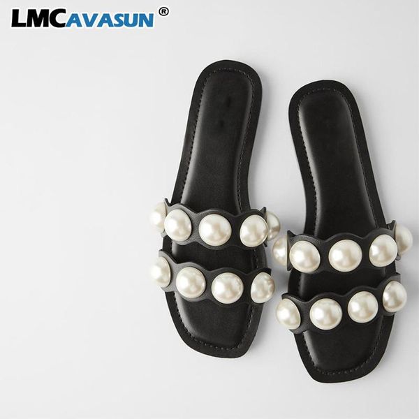 

slippers lmcavasun 2021 summer pearl women slides flat casual outside, Black