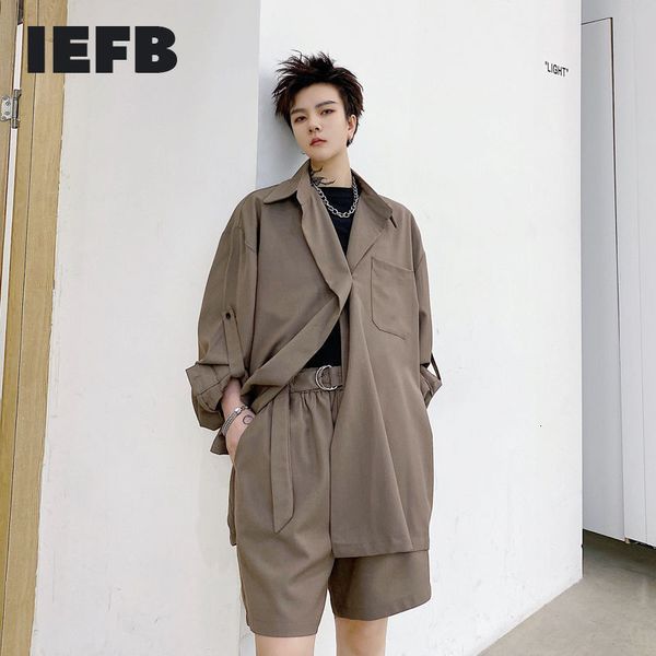 

iefb spring solid color single button loose men's long sleeve shirt + wide leg shorts two pieces set oversized cloth 9y5286 210524, Gray