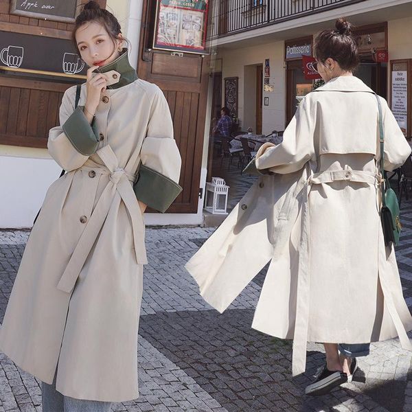 

women's trench coats double-breasted coat classic lapel overcoat slim outerwear with belt, Tan;black