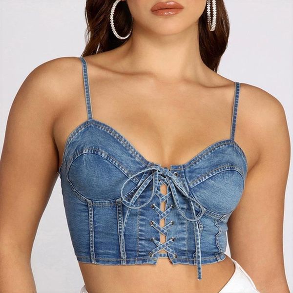

crop summer women cami denim lace up bandage camisole slim spaghetti strap camis streetwear for, White