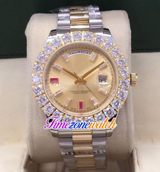 

44mm day date a2813 automatic mens watch 18k yellow gold big diamond bezel champagne dial colors stick markers two tone steel bracelet watch, Slivery;brown