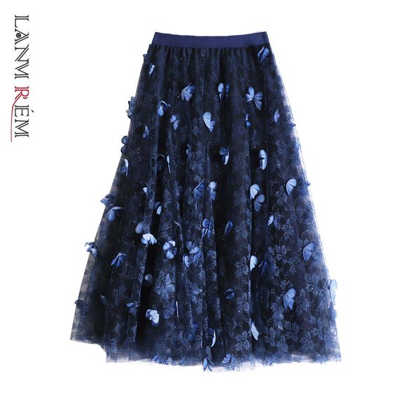 

women mesh fold skirt embroidery butterfly summer elegant elastic multilayer skirts female casual streetwear 2d1477 210507, Black