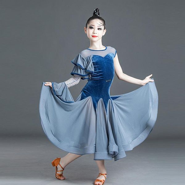 

stage wear one-sleeve girls ballroom dance dress competition costumes standard waltz performance dresses velvet, Black;red