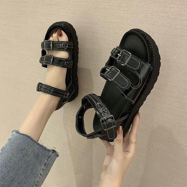 

sandals summer ladies black all-match casual women's shoes buckle design fashion flat wear-resistant platform s08n