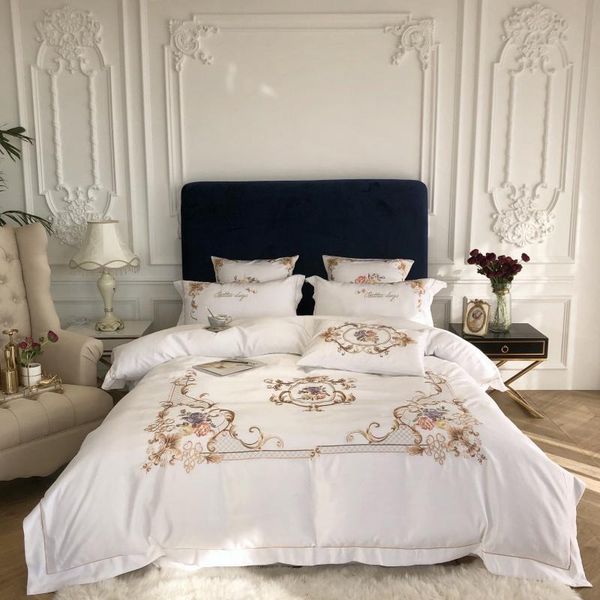 

bedding sets king  size comforter cover flat/fitted bed sheet set gray white chic embroidery 4pcs luxury silk cotton faux