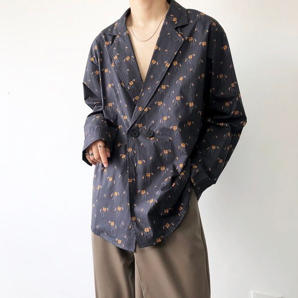 

men's casual shirts men fashion flower print loose suit collar male harajuku korean streetwear vintage long sleeve shirt blouse mmqw, White;black