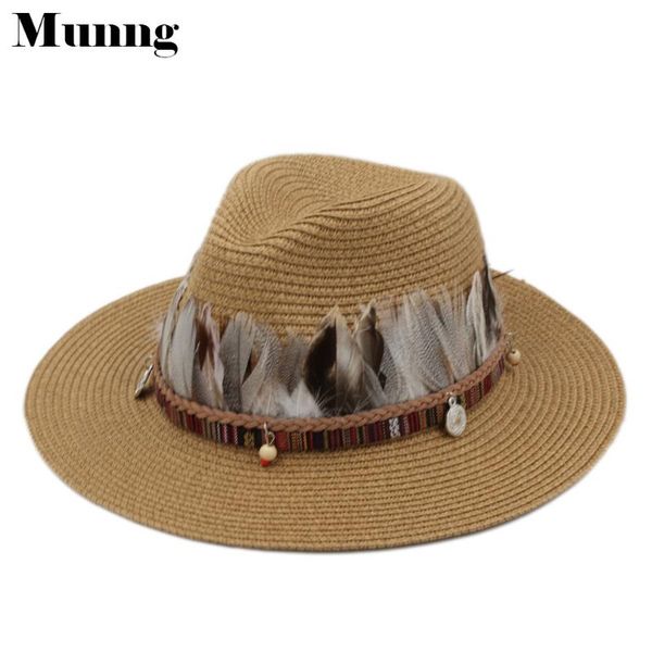 

wide brim hats munng summer floppy visor panama straw hat sombrero beach sun cap feather band, Blue;gray