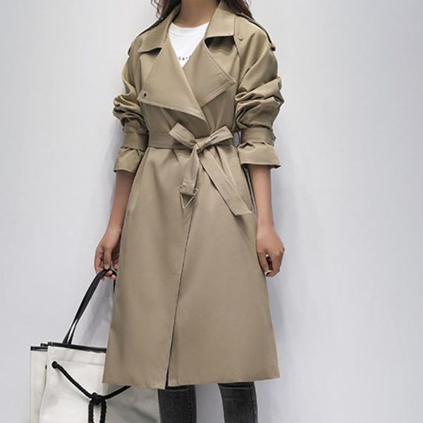 

women's trench coats women mid-length 2021 spring and autumn korean style loose small over-the-knee design overcoat overalls, Tan;black