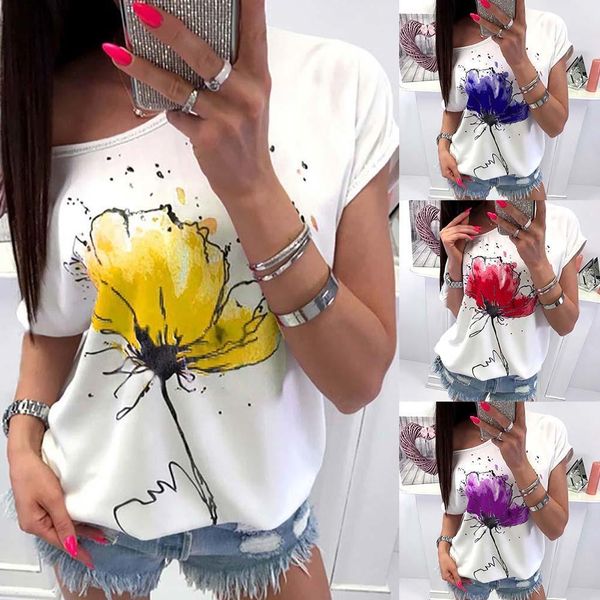 

summer casual flower print womens one shoulder loose short sleeve, White