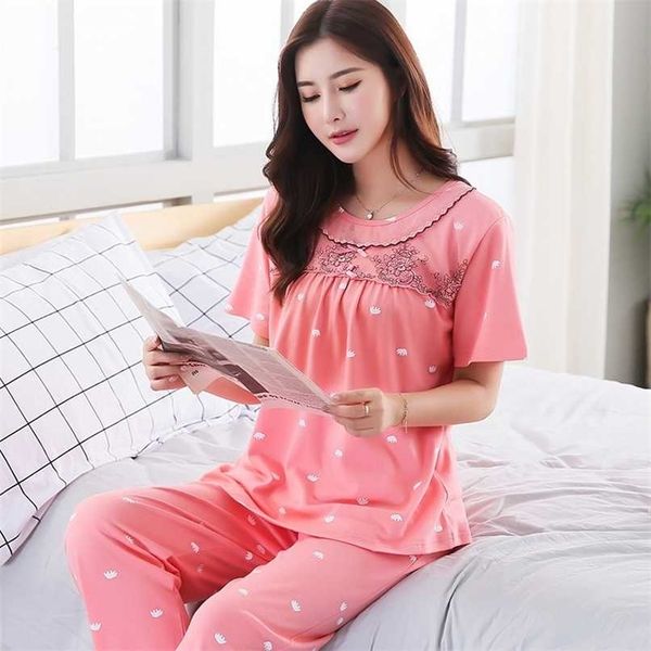 Plus Size 100% Algodão Manga Curta Calças Longa Pijama Conjuntos para Mulheres Verão Imprimir Sleepwear Pijama Homewear Pijama Mujer Roupas 211112