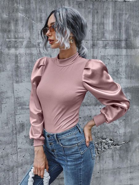 

mock neck satin gigot sleeve rib-knit n0so#, White