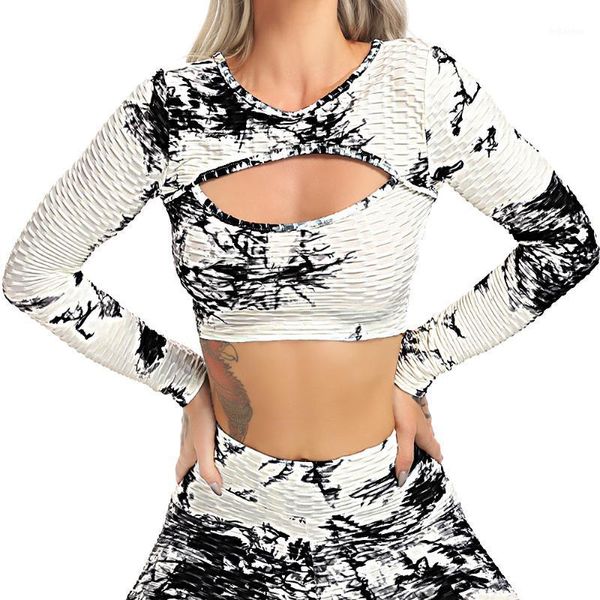 Maglietta sportiva da donna stile urto sexy Stampa alta palestra elastica Yoga Top Fitness Running T-shirt a maniche lunghe da allenamento traspirante