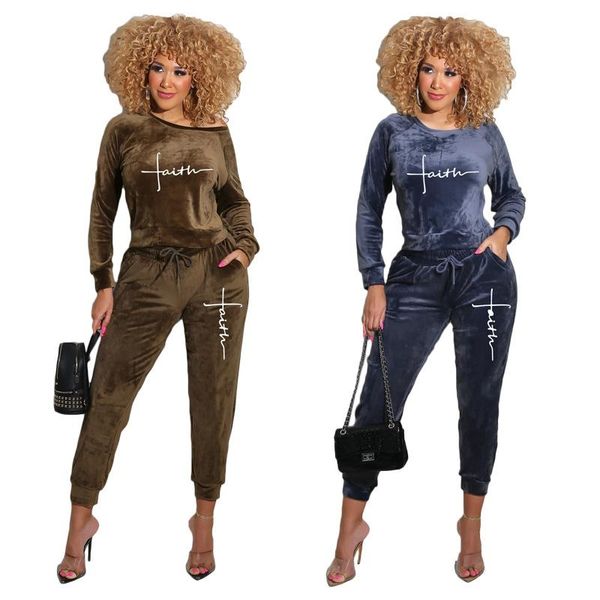 

women's two piece pants 2021 tracksuit women 2 pieces set long sleeve sweatshirt autumn one shoulder skinny sets sport wear velvet loun, White