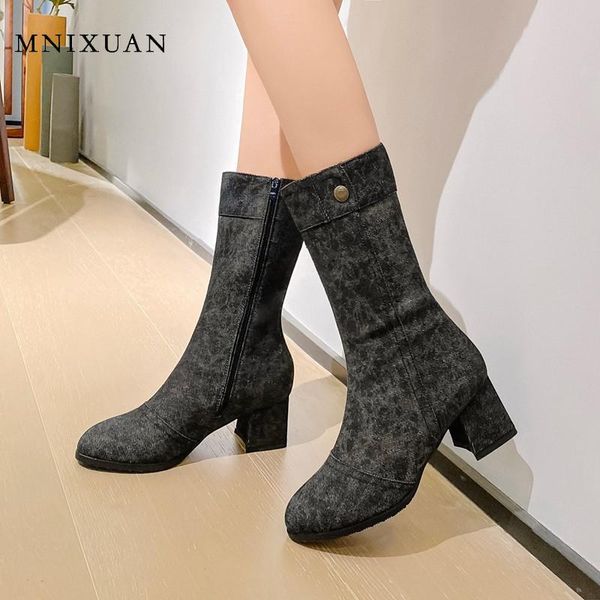 

boots high heels women fetish shoes 2021 winter round toe block heel zipper mid-calf cowboy denim plus size 34-43, Black