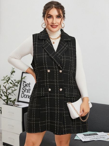 

plus plaid double breasted vest overcoat q07t#, Black