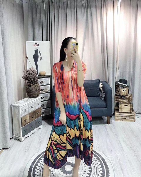 

dress miyake fold o-neck watercolor print the half sleeve dig a-line, Black;gray