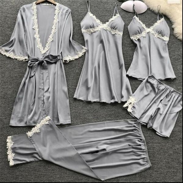

satin thin 5 pieces women sleepwear pyjamas lace pajamas sleep lounge pijama silk night home clothing pajama suit, Black;red