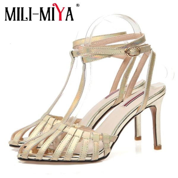 

mili-miya 2021 summer narrow band t-strap luxury sandals stiletto heels ankle strap buckle hollow out wedding prom shoes, Black