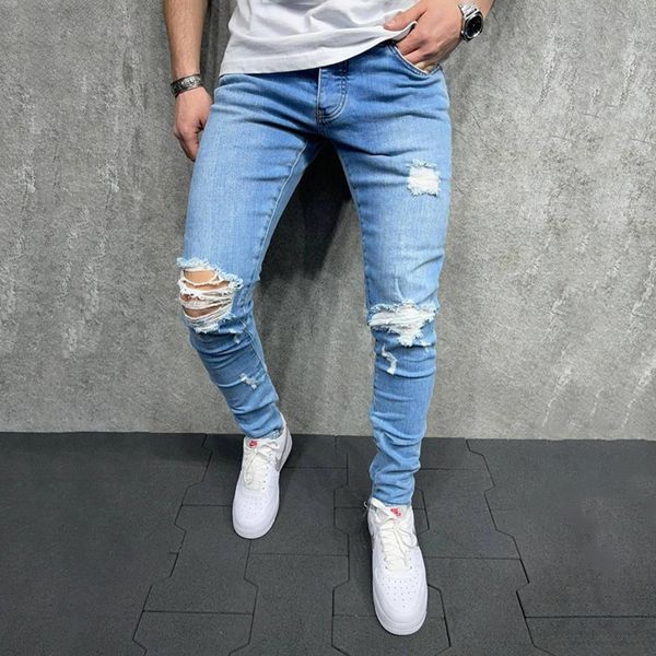 

the manufacturer directly2021 new men's wear out elastic and skinny jeans, Blue