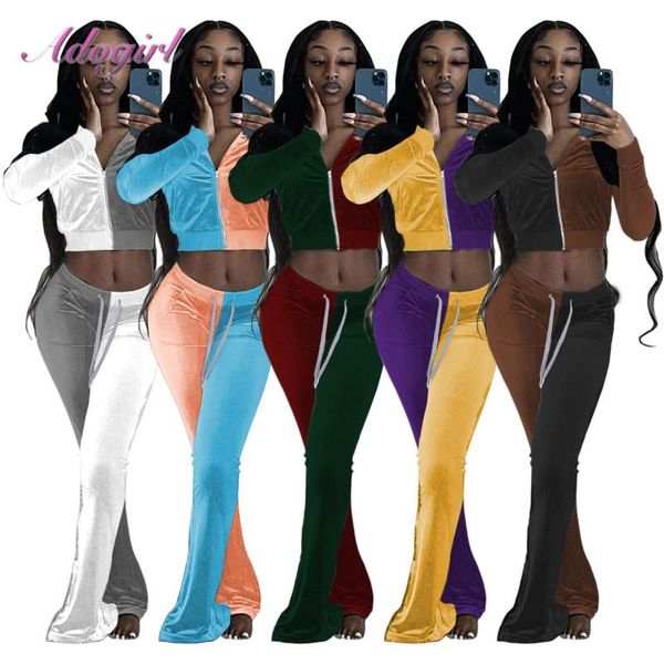 

women's two piece pants velvet color pathcowrk set women tracksuit autumn casual zip long sleeve jacket coat joggers outfit matching, White