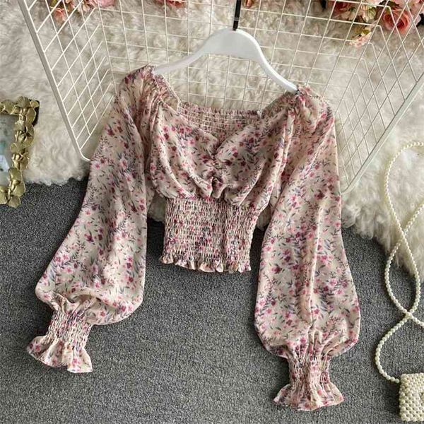 

spring temperament fashion retro blouse female v-neck floral chiffon waist thin blusa short color shirt c841 210506, White