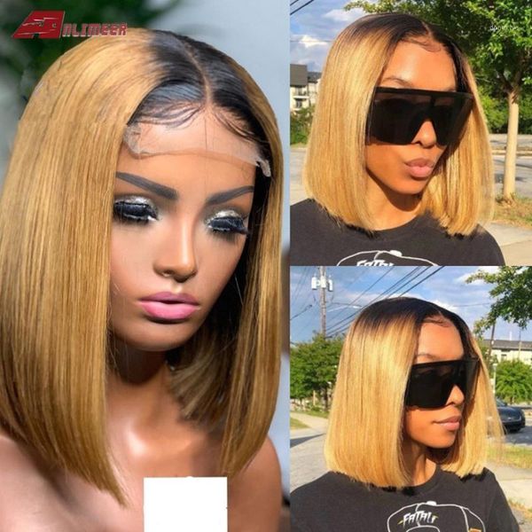 

150% honey blonde color t part 13x6x1 lace front human hair wig short bob brazilian remy preplucked bleached knots1, Black;brown
