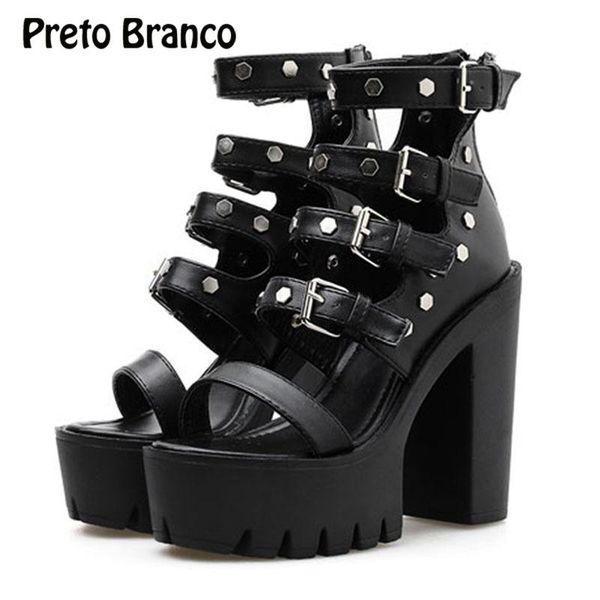 

banco 2021 nightclub european american fashion high heels rivets thick with heel sandals roman shoes -119-91, Black