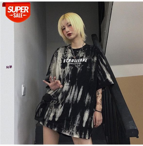 

short-sleeved t-shirt women korean retro tie-dye printing bottoming shirt with loose bf style black tide #c82i, White