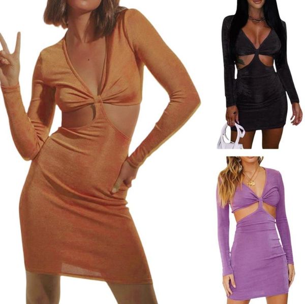 

casual dresses women's four solid color close-fitting hollow out dress ladies fashion backless long sleeve deep v-neck spring fall dati, Black;gray