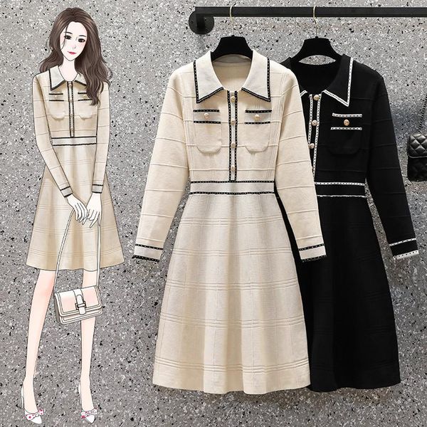 

casual dresses ehqaxin plus size women's knitted 2021 autumn simple french long-sleeved button dress small fragrance style -4xl, Black;gray
