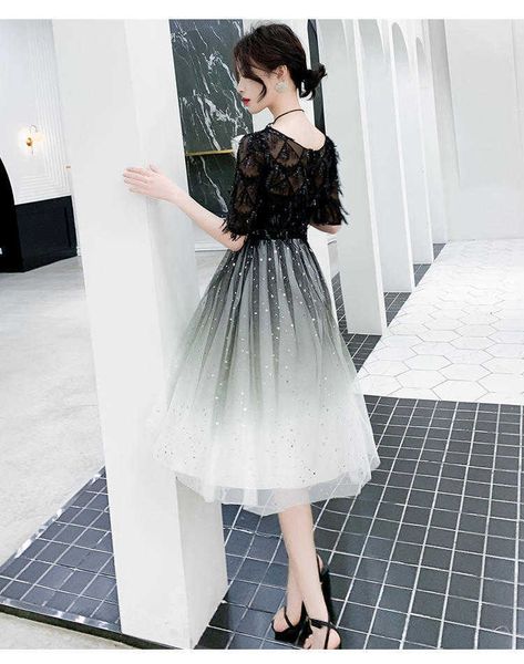 

luxury party evening dress evening dr can usually wear simple star sky gradient skirt, french small , banquet, xianqisen department dream st, Black;gray