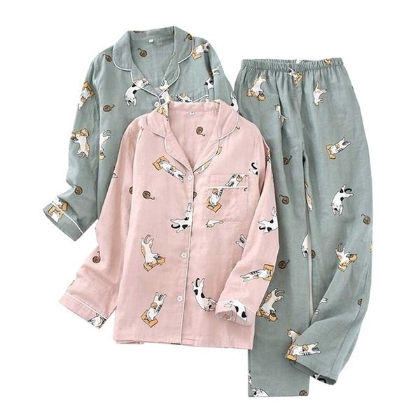 

summer lovers gauze cotton pajamas set cute cartoon printed men and women sleepwear comfort loose couple's home-wear 211116, Black;red