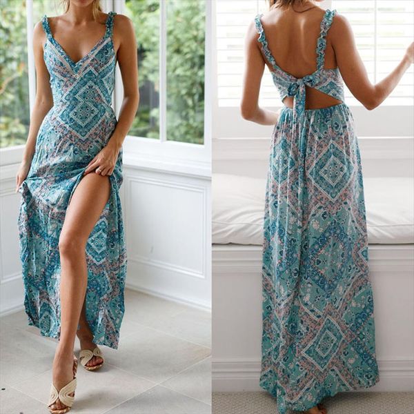 

v neck sling floral women dresses long beach sundress tie up waist open forked printed dress summer vestido, Black;gray