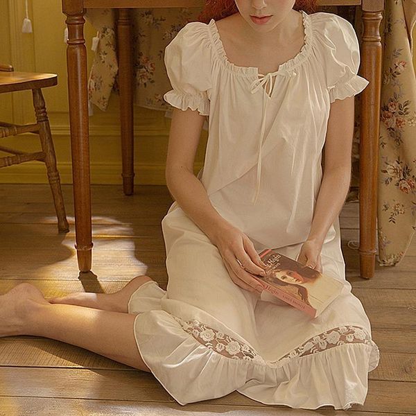 

women lolita sleepwear princess dress puff sleeve sleepshirts vintage stringy selvedge lace nightgowns.cotton nightdress sleep loungewear, Black;red