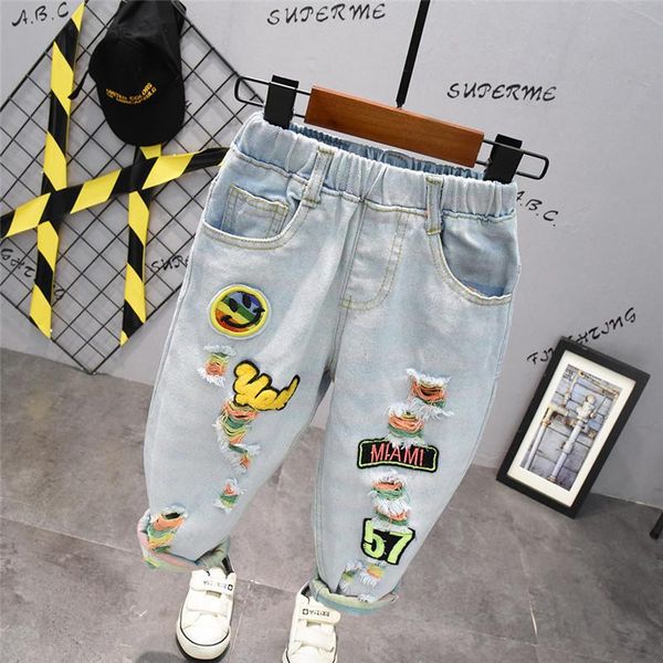 

jeans 2 3 4 5 6 years toddler boys cartoon printed colorful hole denim pants for children trousers, Blue